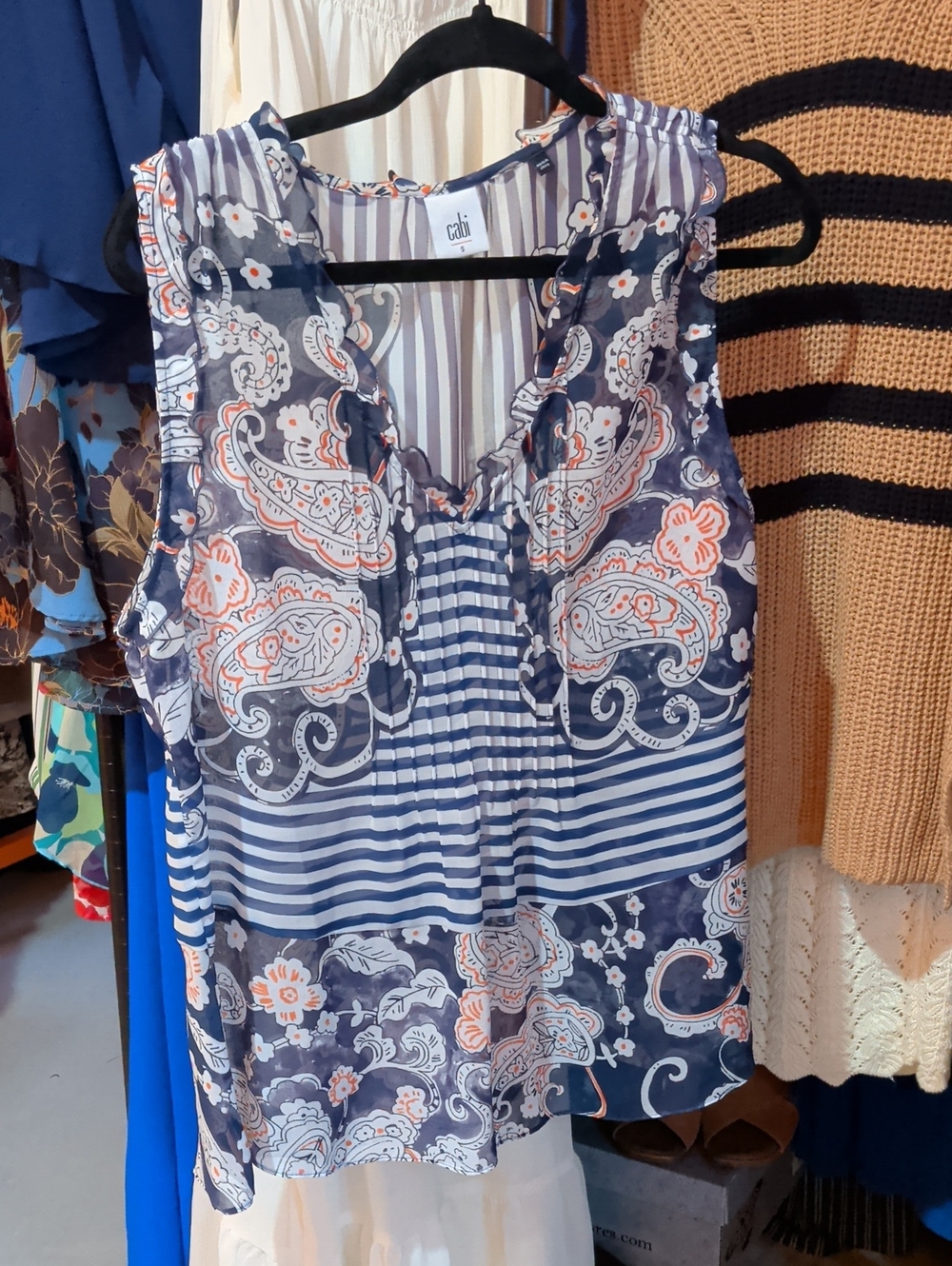 CAbi Navy & Coral Paisley Stripe Sleeveless Camisole